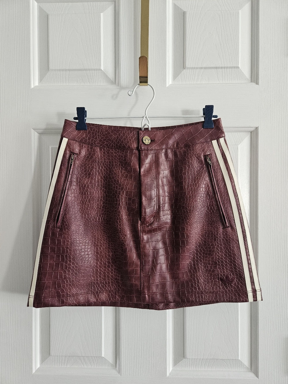 NWT- Adidas Originals Pleather Three Stripe Mini Skirt- Maroon - Picture 2 of 10